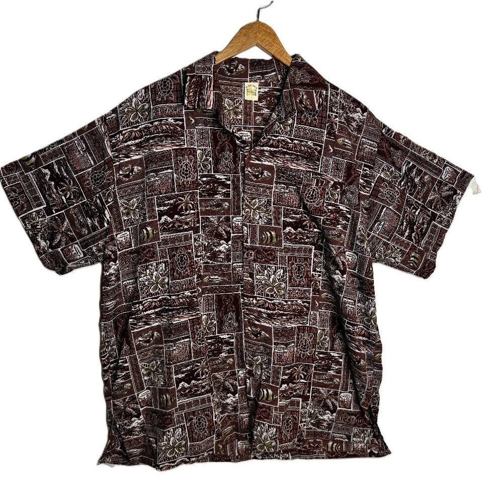 Vintage Creations Hawaii Tiki Aloha Shirt L Brown